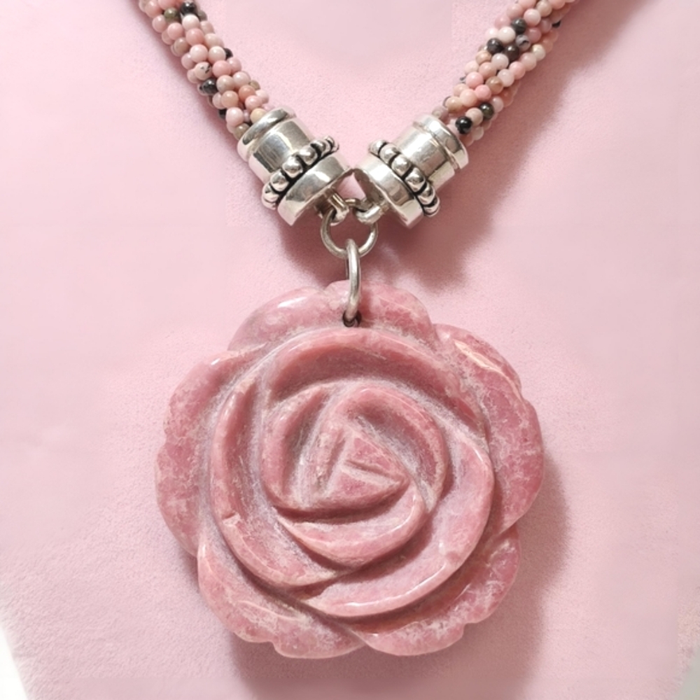 ESPO Multi Strand Rhodonite Sterling Silver Carved Rose Pendant Necklace - Picture 11 of 11